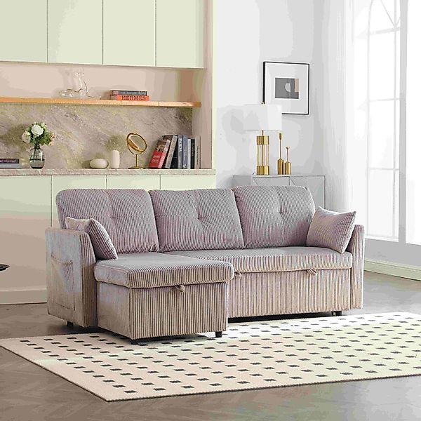 L-förmiges Samt-Sofa, ausziehbares und umwandelbares Schlafsofa mit Staurau günstig online kaufen