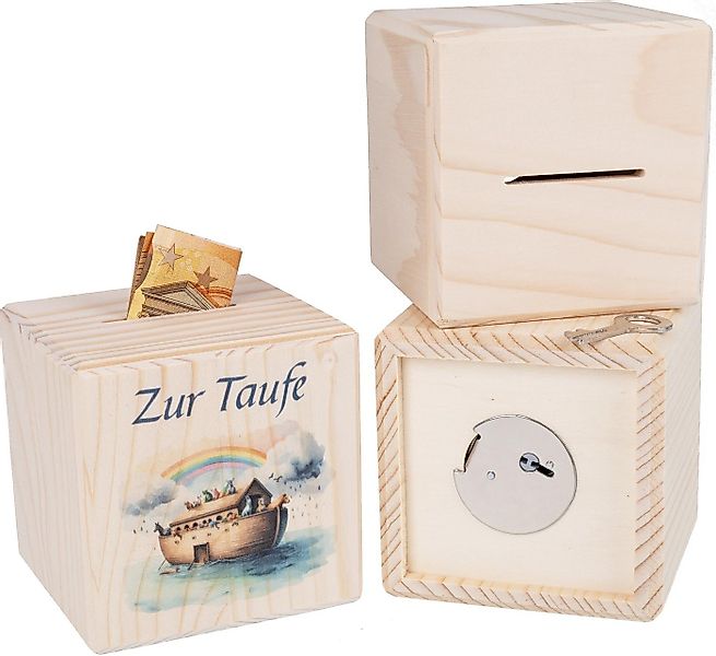 Holz Frank Spardose Holz Spardose Würfel mit Metallschloss - Zur Taufe mit günstig online kaufen