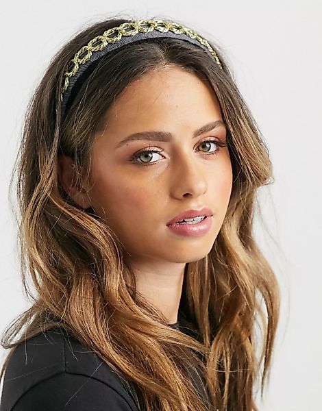 ASOS DESIGN – Stirnband aus ausgefranstem Denim mit Goldkettenstickerei günstig online kaufen