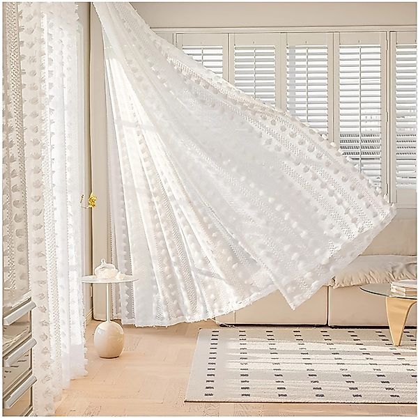 Qelus Vorhang Pompons Voile Gardinen Weiß günstig online kaufen
