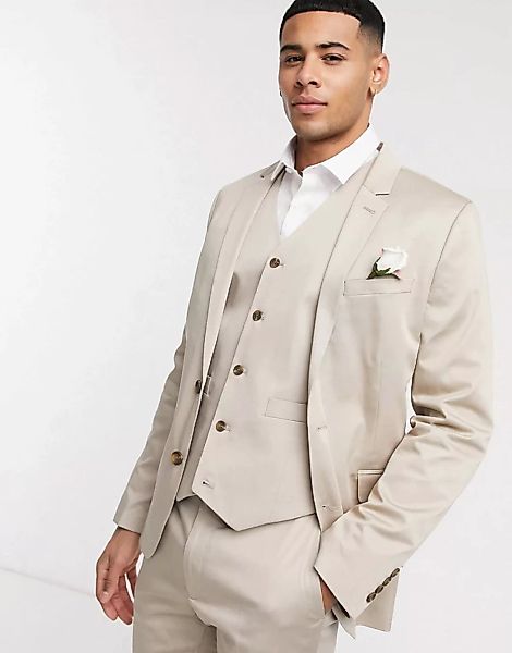 ASOS DESIGN Wedding – Superenge Anzugjacke aus Baumwolle in Stone-Neutral günstig online kaufen
