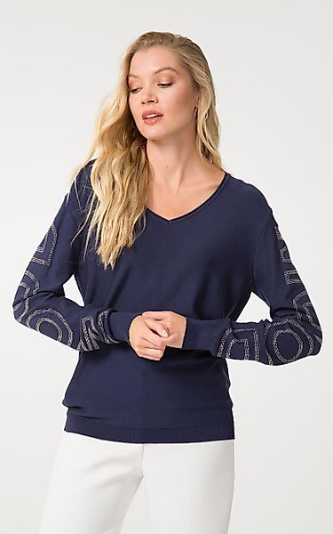 Passioni Strickpullover mit Glitzerstein-Schriftzug V-Ausschnitt, Strick, günstig online kaufen