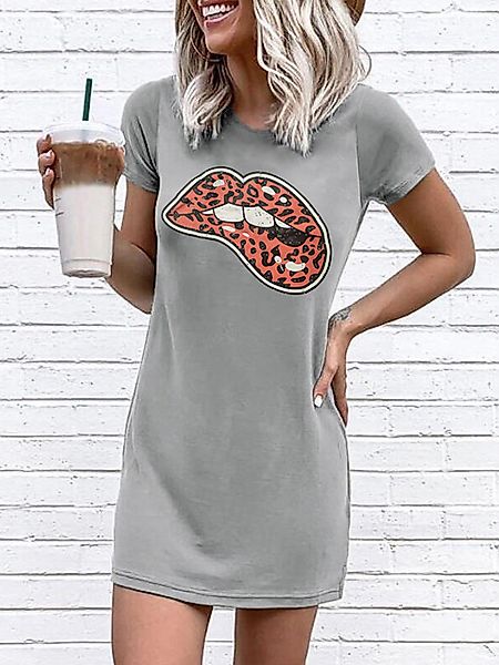 Graue Leoparden-Lippendruck Rundhalsausschnitt Kurze Ärmel Kleid günstig online kaufen