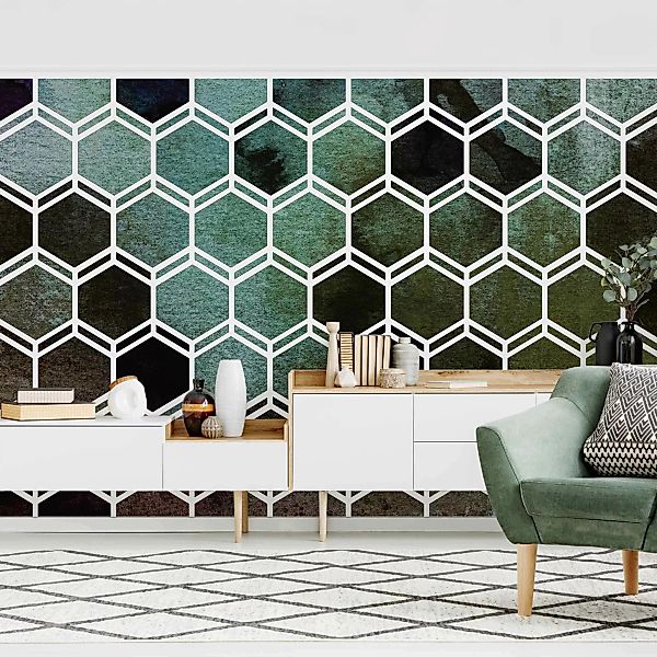 Mustertapete Hexagonträume Aquarell in Grün günstig online kaufen