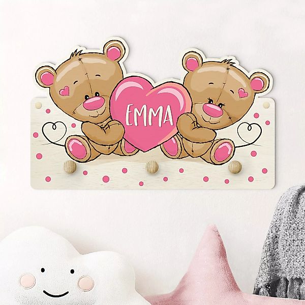 Kindergarderobe Holz mit Namen Herz Bären mit Wunschnamen rosa günstig online kaufen