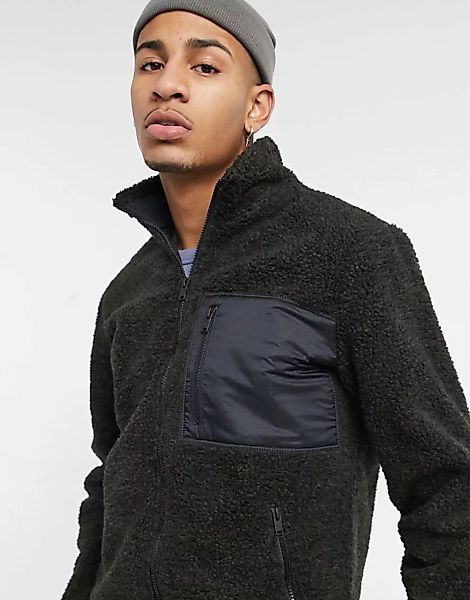 Selected Homme – Dunkelgrüner Fleece-Pullover aus Teddyfell mit Reißverschl günstig online kaufen