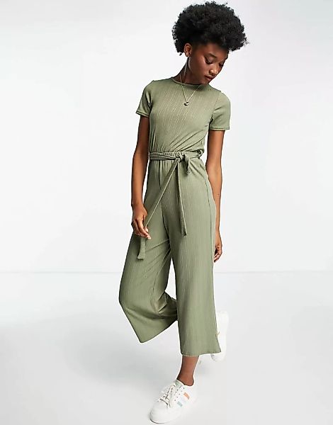Miss Selfridge – Gerippter Jumpsuit aus T-Shirt-Material mit Bindegürtel in günstig online kaufen