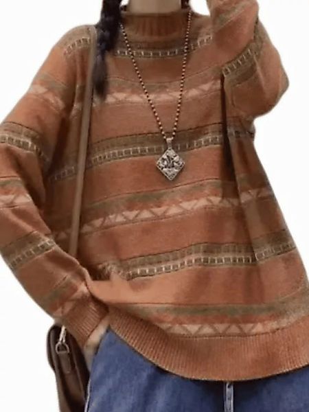 YRIIOMO Strickpullover Herbst-Winter-Art Retro einfacher Farbblock Streifen günstig online kaufen