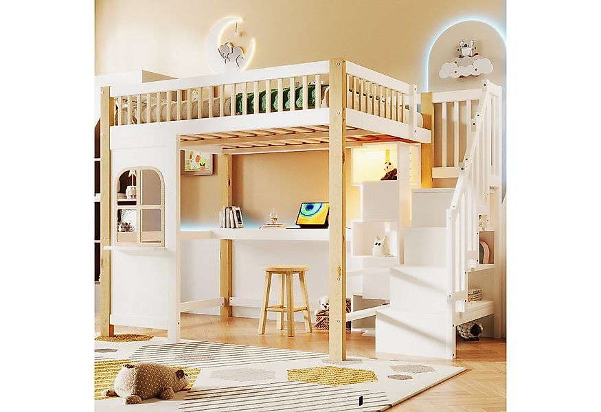 OKWISH Kinderbett Holzbett Hochbett (mit LED-Leuchten, Fensterdesign und Sc günstig online kaufen