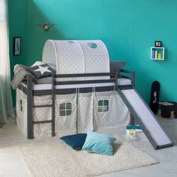 Homestyle4u Hochbett 90x200 mit Vorhang Rutsche und Tunnel in Grau Sterne 1 günstig online kaufen