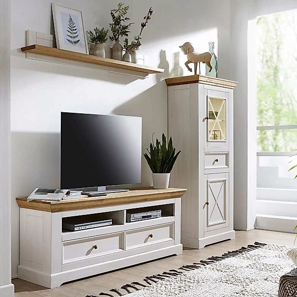 TV Wohnwand in Weiß und Eichefarben Kiefer Massivholz (dreiteilig) günstig online kaufen