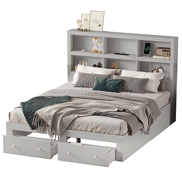 Ulife Massivholzbett Doppelbett Kingsize mit USB-Anschluss, günstig online kaufen
