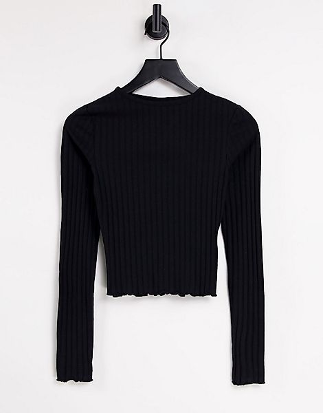 ASOS DESIGN – Kurz geschnittenes T-Shirt in Schwarz mit gekräuseltem Saum günstig online kaufen