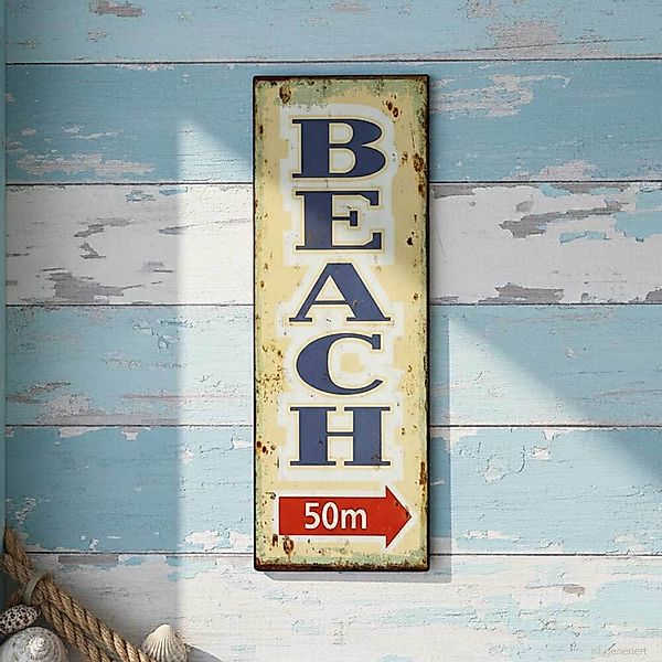 Blechschild BEACH 50m Retro Vintage-Deko Wegweiser Nostalgie Dekoschild 36x günstig online kaufen
