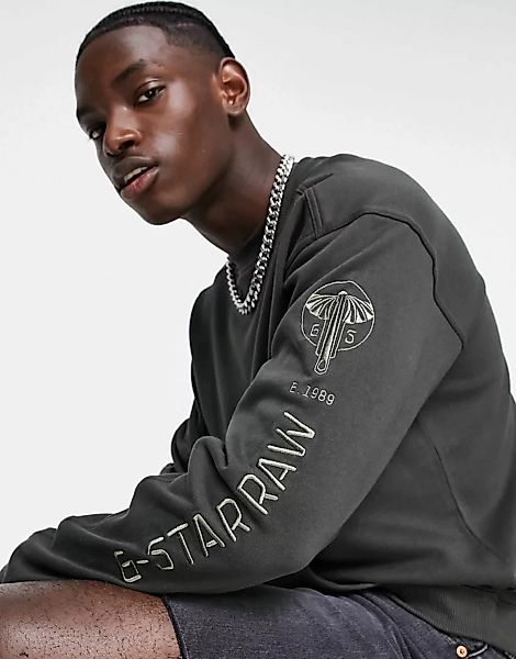 G-Star – Sweatshirt in Grau mit Tasche und Grafikdruck auf dem Ärmel günstig online kaufen