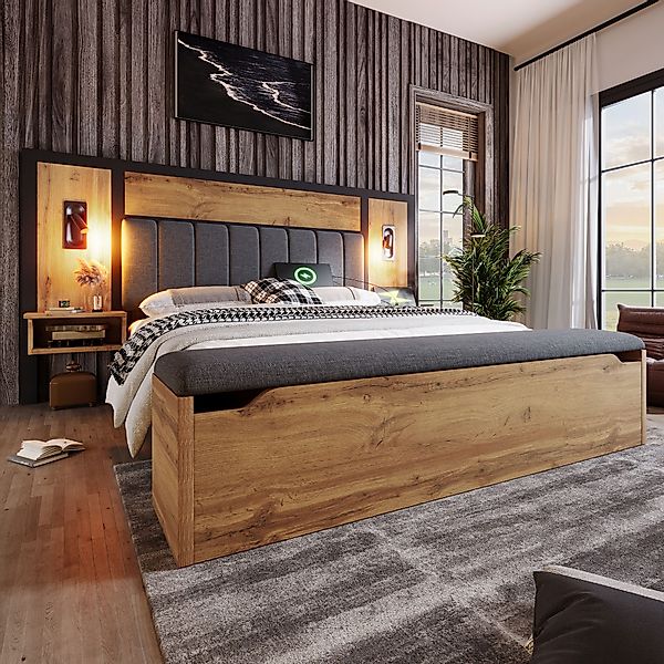 MODFU Massivholzbett Funktions Schlafzimmerbett Polsterbett (Struraumbett, günstig online kaufen