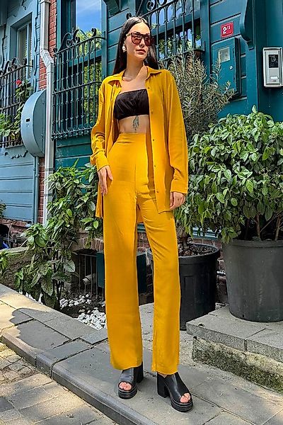 For You Moda Blusentop 3-teiliges Senf-Viskose-Crinkle-Bustier-Set günstig online kaufen