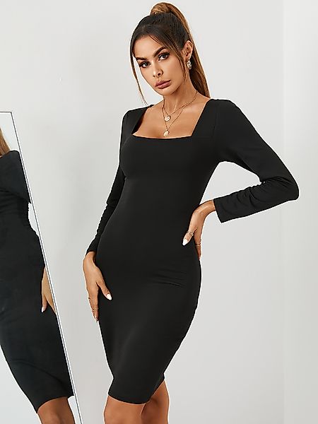 YOINS BASICS Black Square Neck Langarm Bodycon Midi Kleid günstig online kaufen