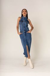 Nina Carter Shirtkleid Eleganter Neckholder Jeans günstig online kaufen