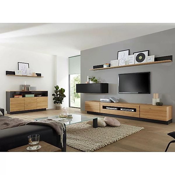Design Wohnwand Set mit Sideboard CHUR-61 in Hochglanz schwarz mit Eiche he günstig online kaufen
