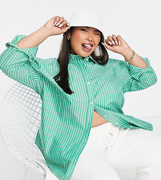 COLLUSION Plus – Kastiges Oversize-Hemd mit Streifen-Grün günstig online kaufen