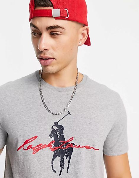 Polo Ralph Lauren – T-Shirt in Grau meliert mit Schrift- und Player-Logo günstig online kaufen