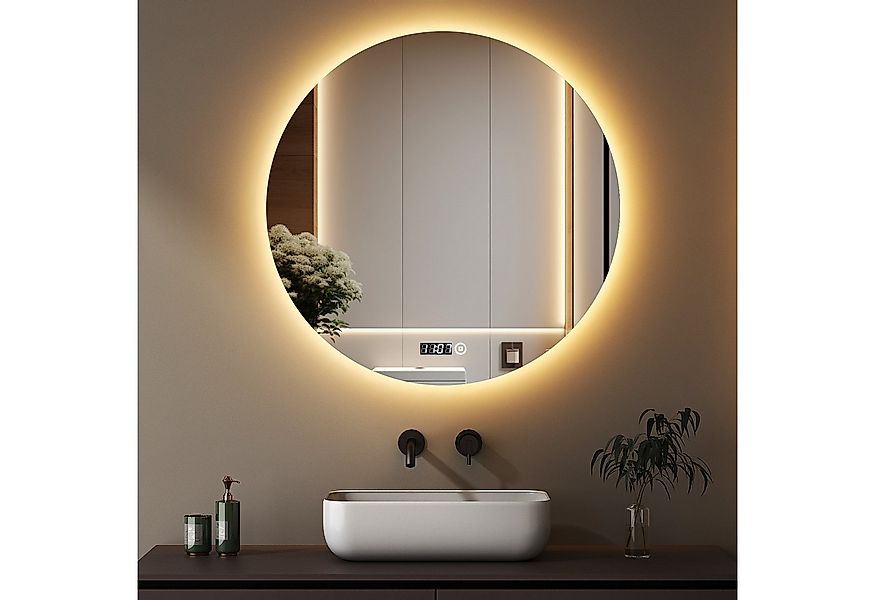 WDWRITTI Badspiegel Led Rund Rundspiegel 60 cm mit beleuchtung und Uhr 3Lic günstig online kaufen