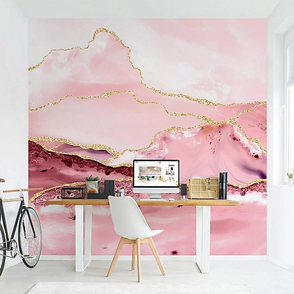 Fototapete Abstrakte Berge Rosa mit Goldenen Linien günstig online kaufen