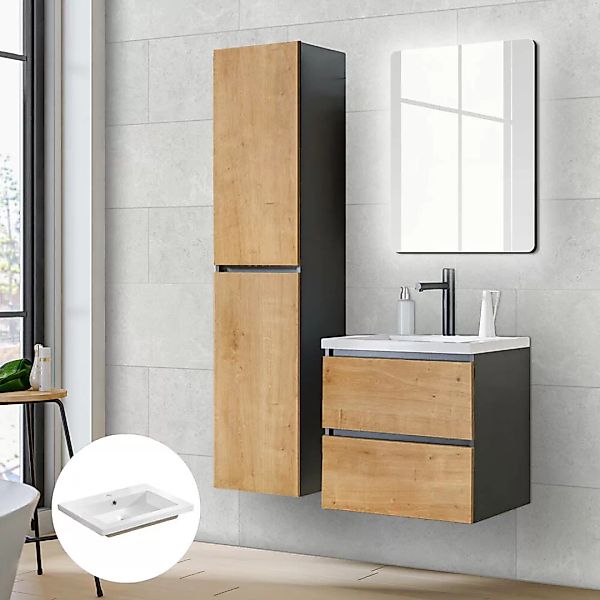 Badezimmer Set mit LED Spiegel MODENA-56 in anthrazit mit Hamilton Eiche Nb günstig online kaufen