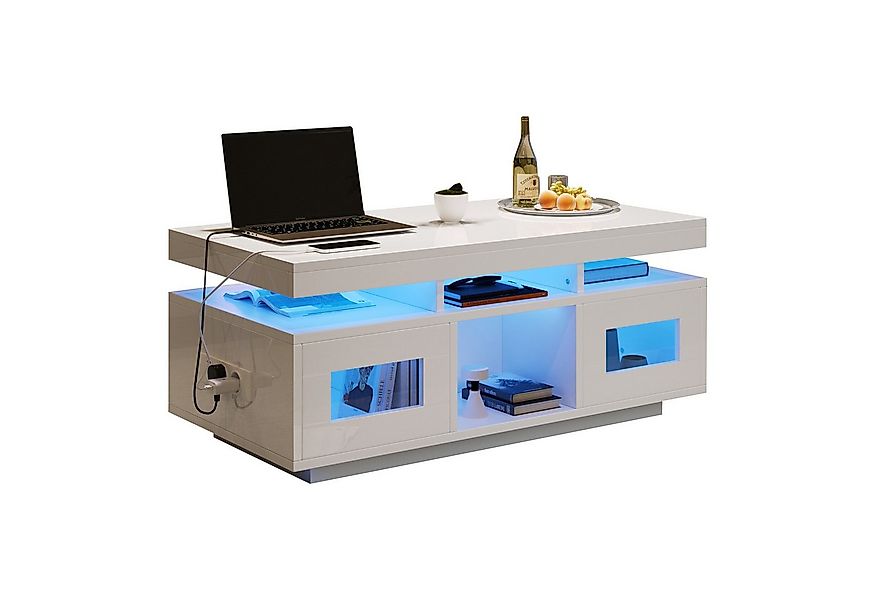 Merax Couchtisch hochglanz Sofatisch mit LED-Beleuchtung & USB-Ladeanschlus günstig online kaufen