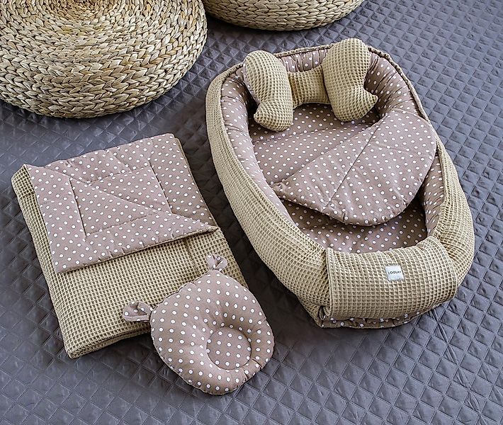 Loolay Bettnestchen Taupe WAFFELPIQUE/ Braun PUNKTE 5 TLG SET Babynest Baby günstig online kaufen