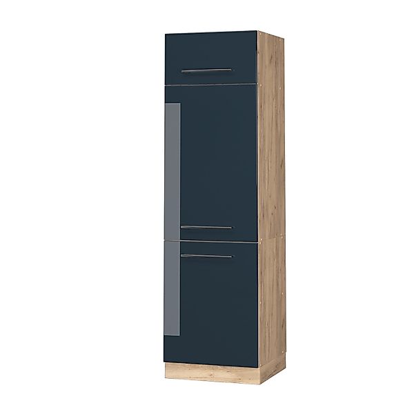 Vicco Kühlumbauschrank Fame-Line Dunkelblau Hochglanz/Goldkraft Eiche 60 cm günstig online kaufen