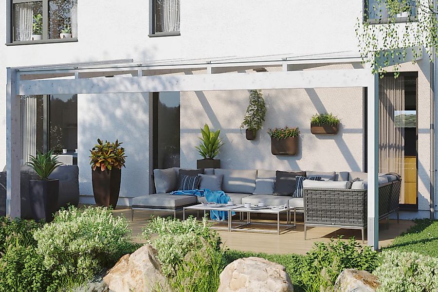 Skan Holz Terrassenüberdachung Novara 557 cm x 259 cm Weiß günstig online kaufen