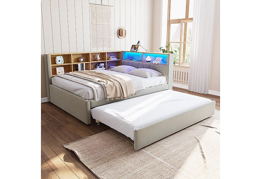 Flieks Daybett, Kinderbett Schlafsofa 140x200cm mit LED Steckdose Ausziehbe günstig online kaufen