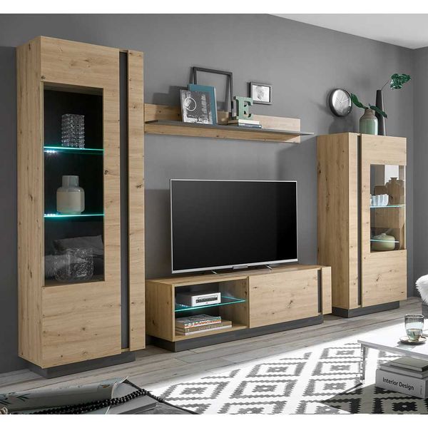 Wohnzimmer Schrankwand in Wildeichefarben und Dunkelgrau 270 cm breit (vier günstig online kaufen