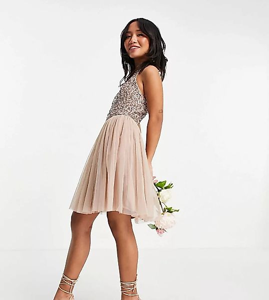 Maya Petite – Bridesmaid – Schulterfreies Mini-Tüllkleid in Helltaupe mit N günstig online kaufen