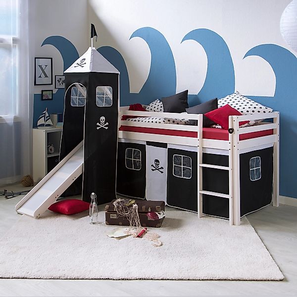 Homestyle4u Hochbett 90x200 Weiß Vorhang Pirat 1550 günstig online kaufen