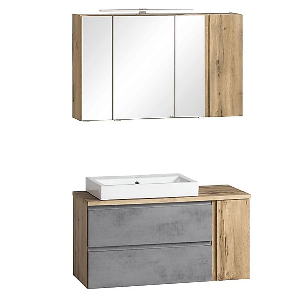 Held Möbel 2-tlg. Waschtisch-Set Ancona 105 cm Betongrau-Wotaneiche Becken, günstig online kaufen