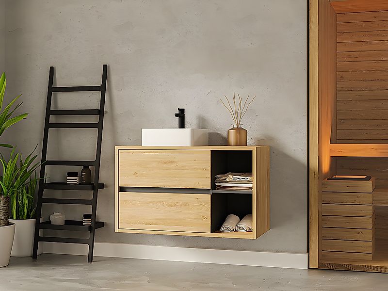 Waschbeckenunterschrank hängend mit quadratischem Waschbecken - Naturfarben günstig online kaufen