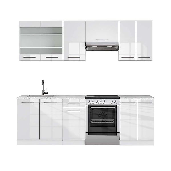 Vicco Fame-Line Küchenzeile Weiß Hochglanz/Weiß 240 cm AP Marmor günstig online kaufen