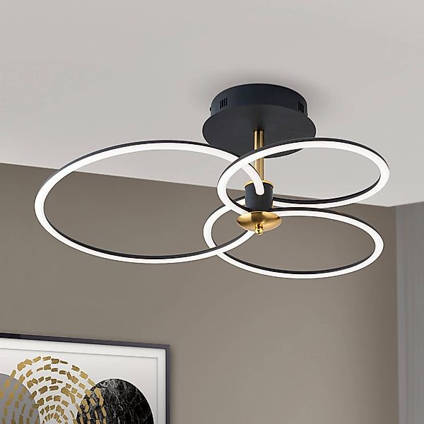 LED-Deckenleuchte Charlotte, 3 Ringe, schwarz/gold günstig online kaufen