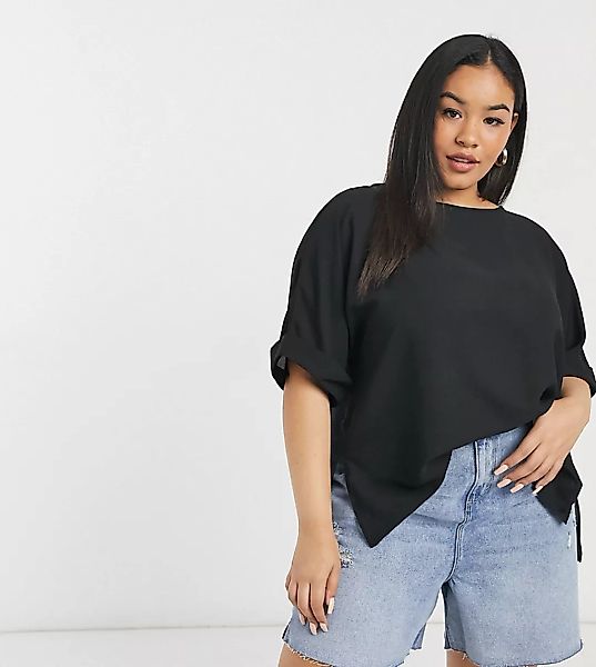 ASOS DESIGN Curve – Übergroßes, gewebtes T-Shirt mit Rollärmeln in Schwarz günstig online kaufen