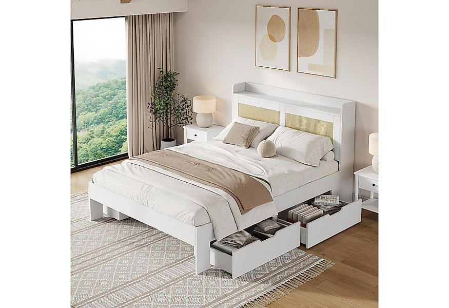 Flieks Holzbett, Doppelbett Stauraumbett 140x200cm mit Rattan-Dekor und 4 S günstig online kaufen