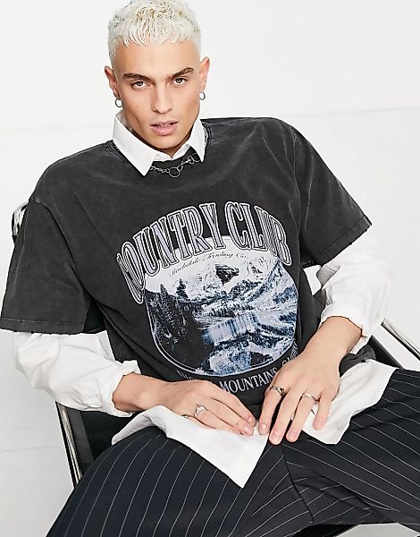 Jaded London ‑ Oversize-T-Shirt in verwaschenem Schwarz mit Country-Club-Pr günstig online kaufen