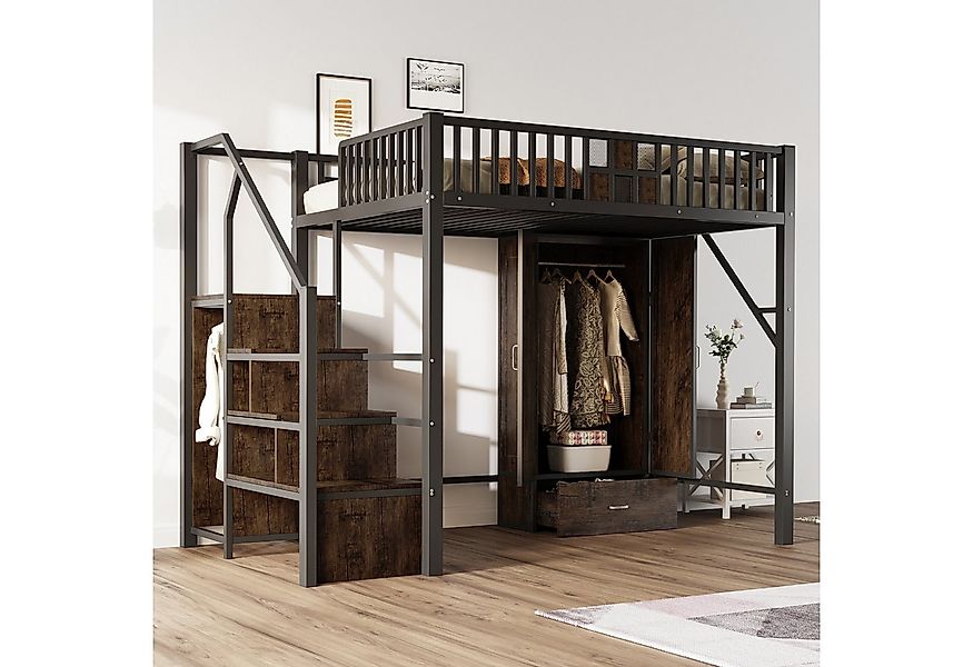 Flieks Hochbett Metallbett 140×200cm mit Kleiderschrank, Schublade und Stau günstig online kaufen