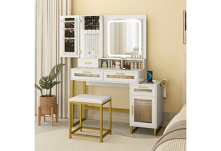 COSTWAY Schminktisch (1-St), mit LED & Ladestation, Hocker, Spiegel, Schubl günstig online kaufen