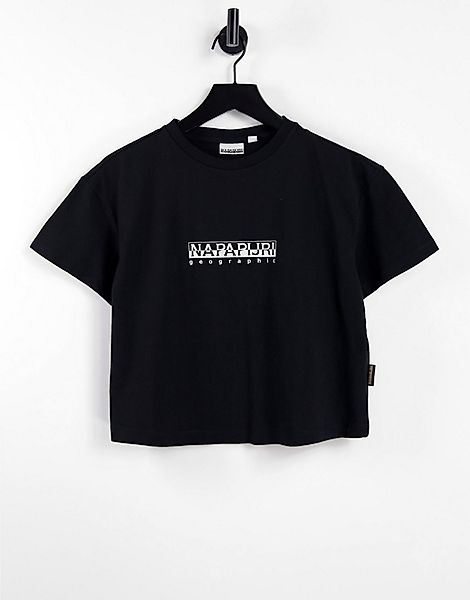 Napapijri – Kurz geschnittenes T-Shirt in Schwarz mit Box-Logo günstig online kaufen
