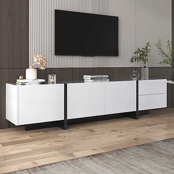 TV Schrank weiß, 190x35x45cm TV-Schrank Schwarz Weiß Design, mit Regalen un günstig online kaufen