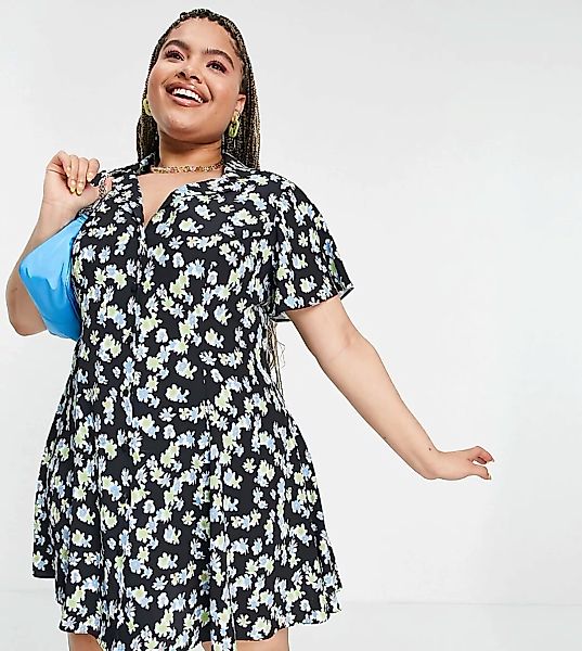 ASOS DESIGN Curve – Mini-Hemdkleid mit Blümchenmuster-Mehrfarbig günstig online kaufen