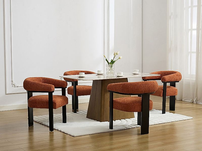 Stuhl mit Armlehnen - Bouclé-Stoff & Kautschukholz - Terracotta & Schwarz - günstig online kaufen